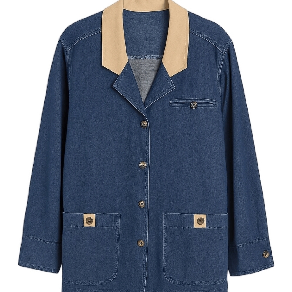 Vintage Denim Chore Jacket Women’s Medium Blue Tan Trim